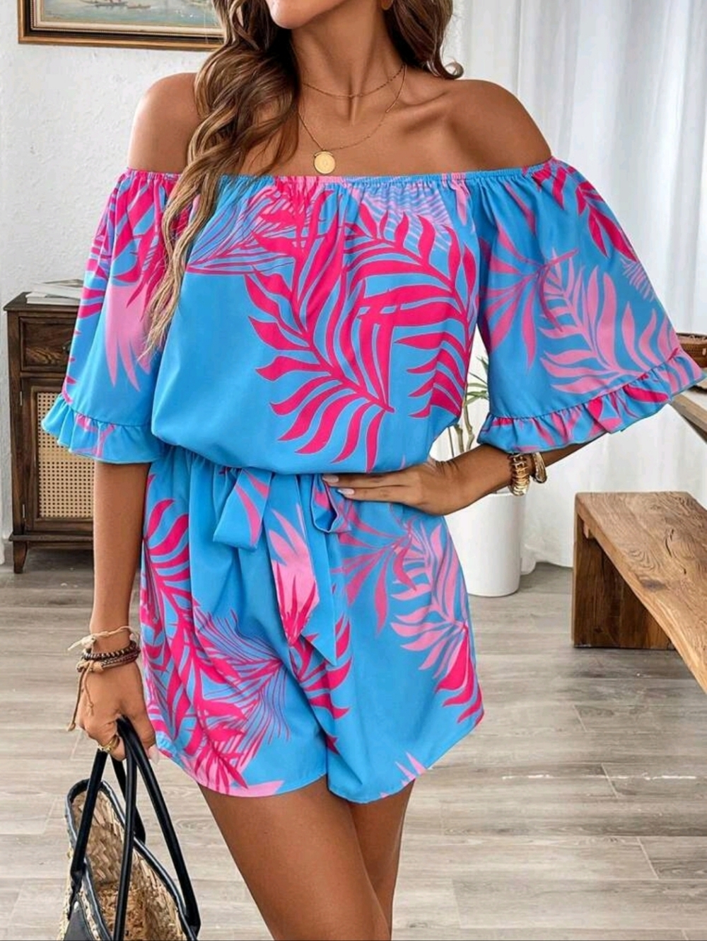 Off-Shoulder Tropical Print Romper in Bright Blue & Hot Pink Sizes 4 6 & 8